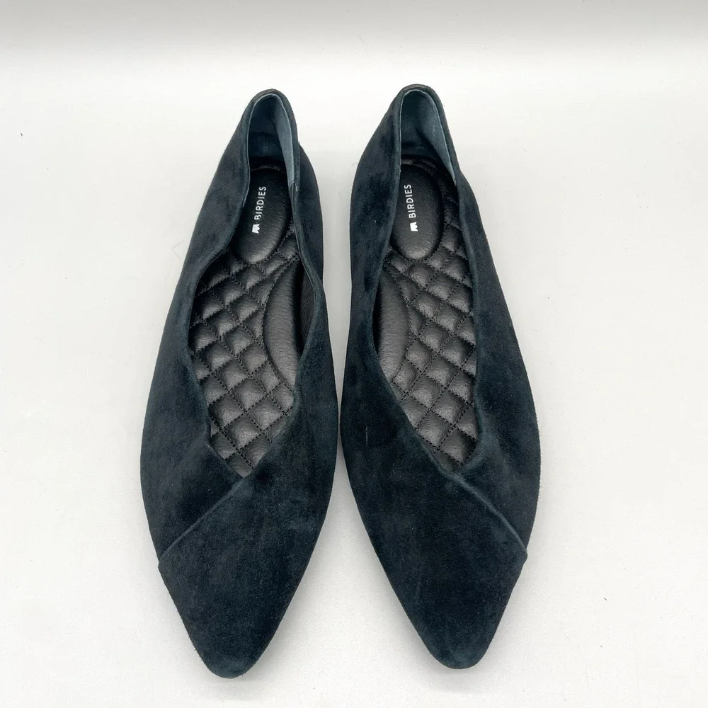 Birdies Womens 11 Goldfinch Pointed Toe Comfort Flats Black Suede Preppy Office